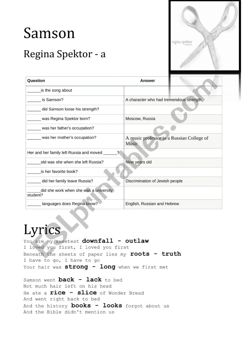 Regina Spektor - Samson  worksheet