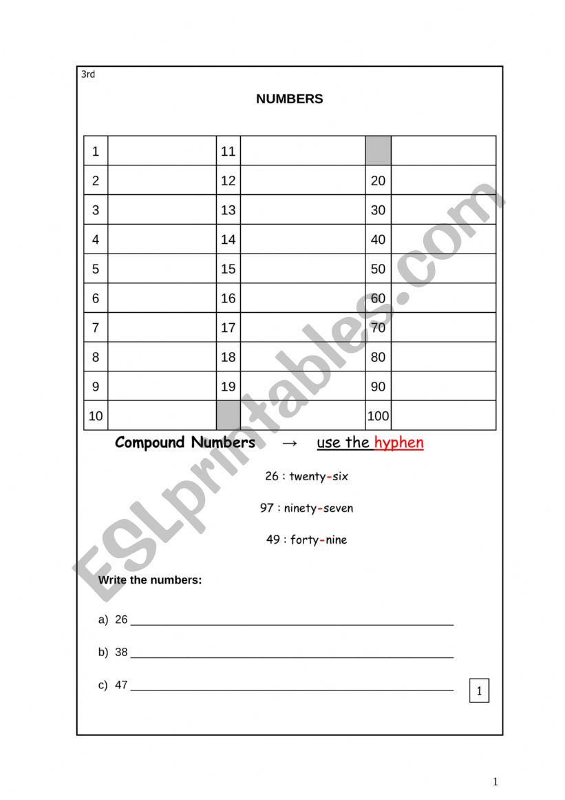 Numbers 1 -100 worksheet