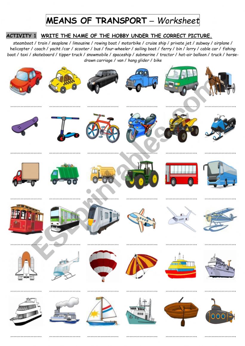 Means of transport worksheet