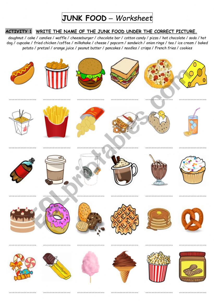 Junk food worksheet