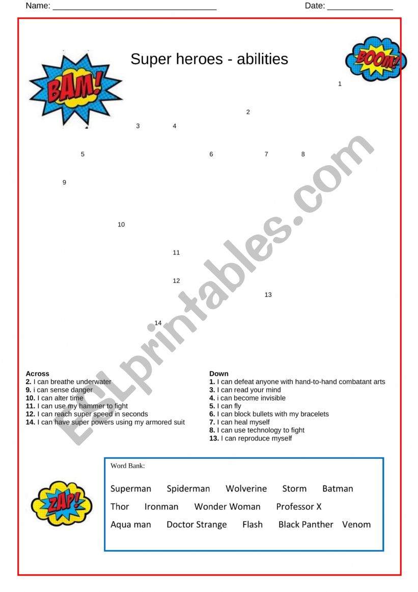 Super heroes - abilities worksheet