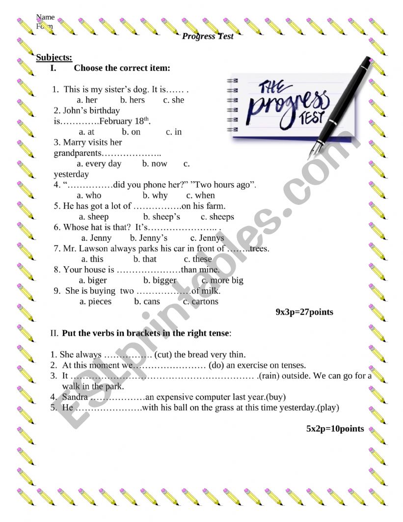 Progress test worksheet