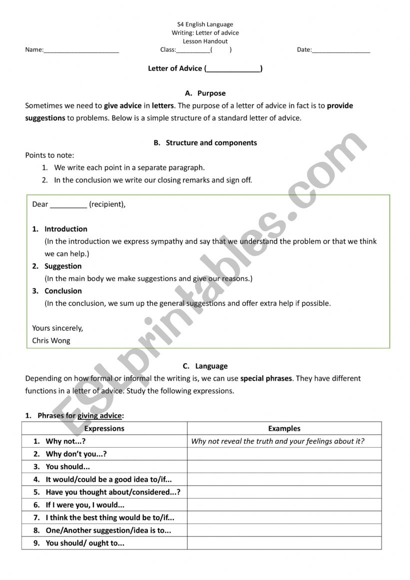 letter of advice worksheet