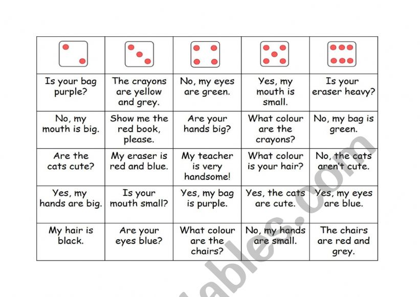Adjectives + Interrogatives dice battle bingo game
