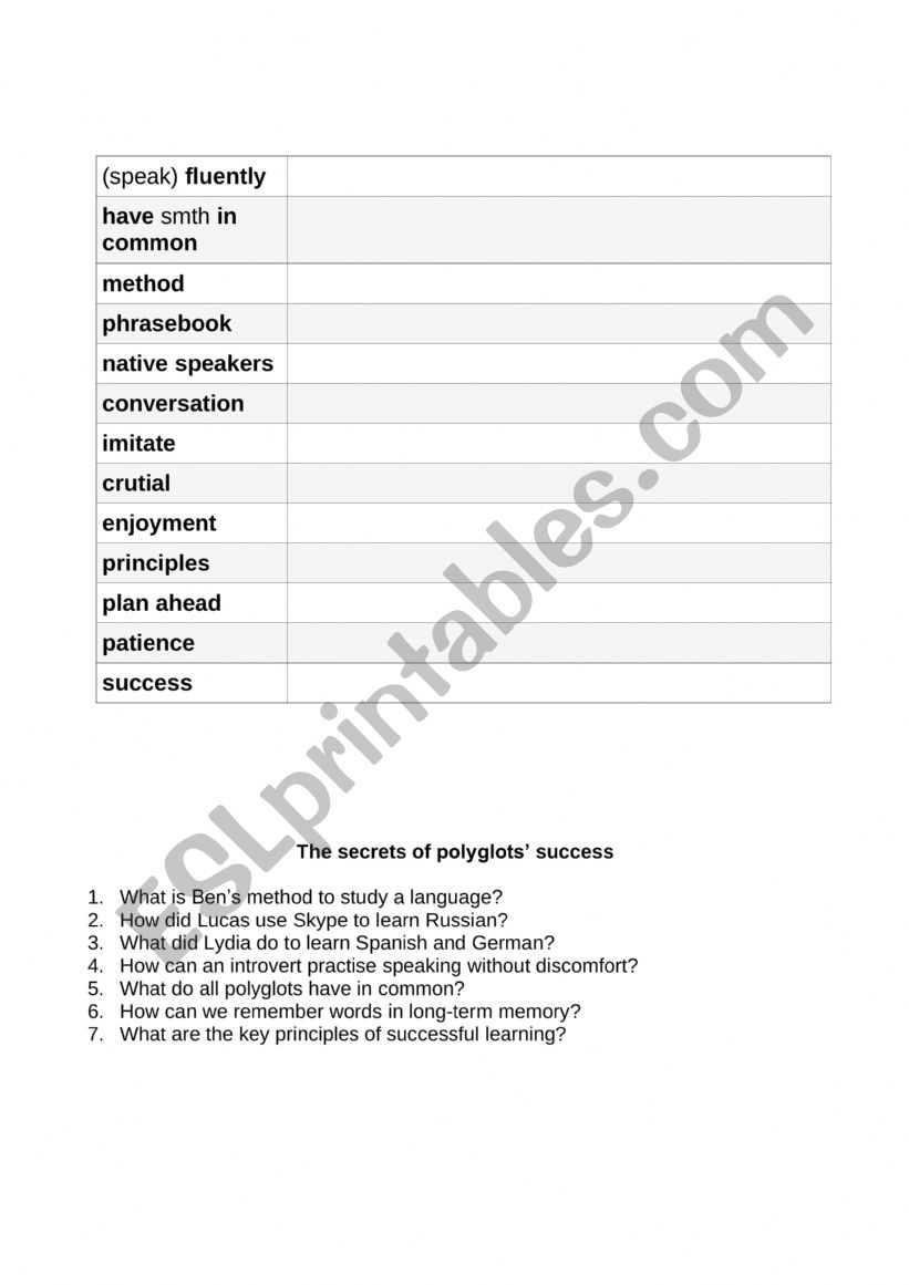 Polyglots� success worksheet