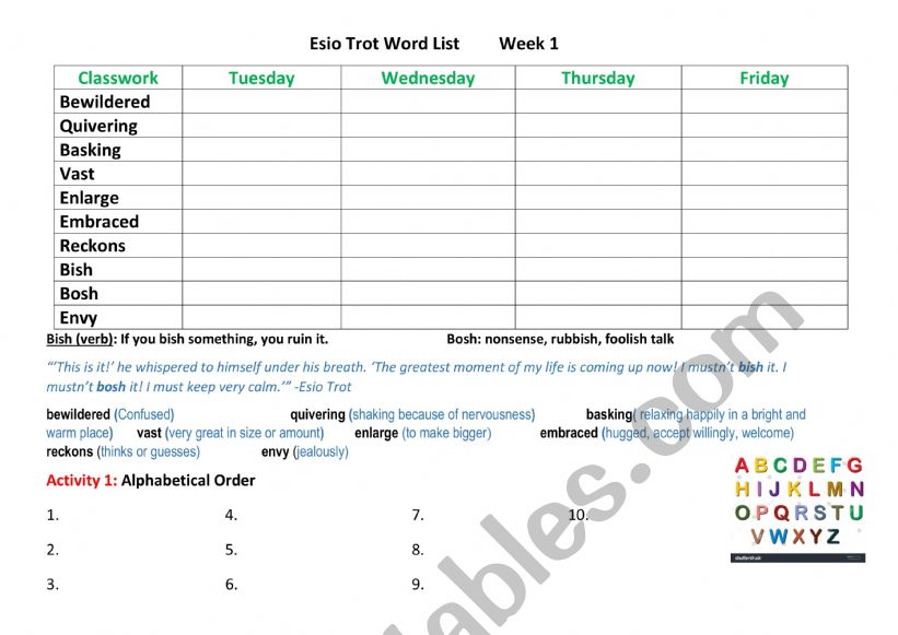 Esio Trot Vocabulary worksheet