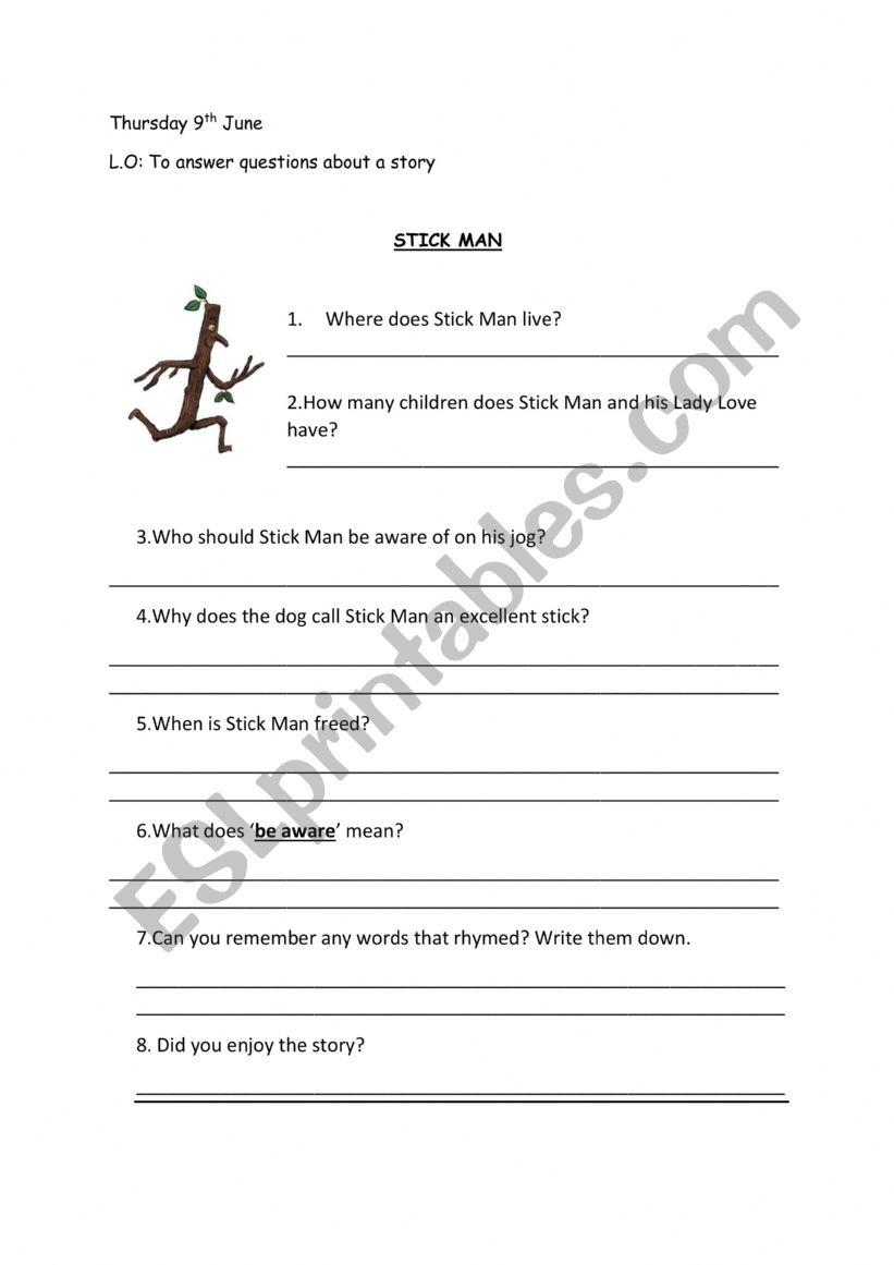 Stick Man story activity worksheet