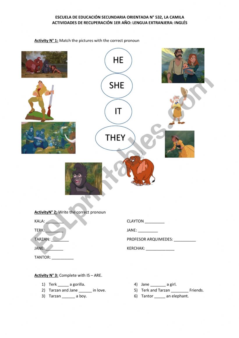 personal pronouns tarzan worksheet