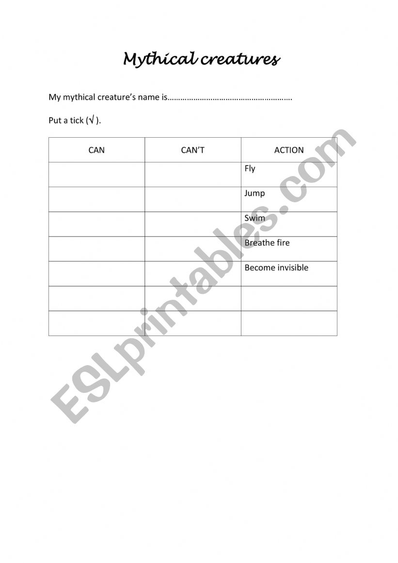 My Mythical creature can/can�t (action) worksheet