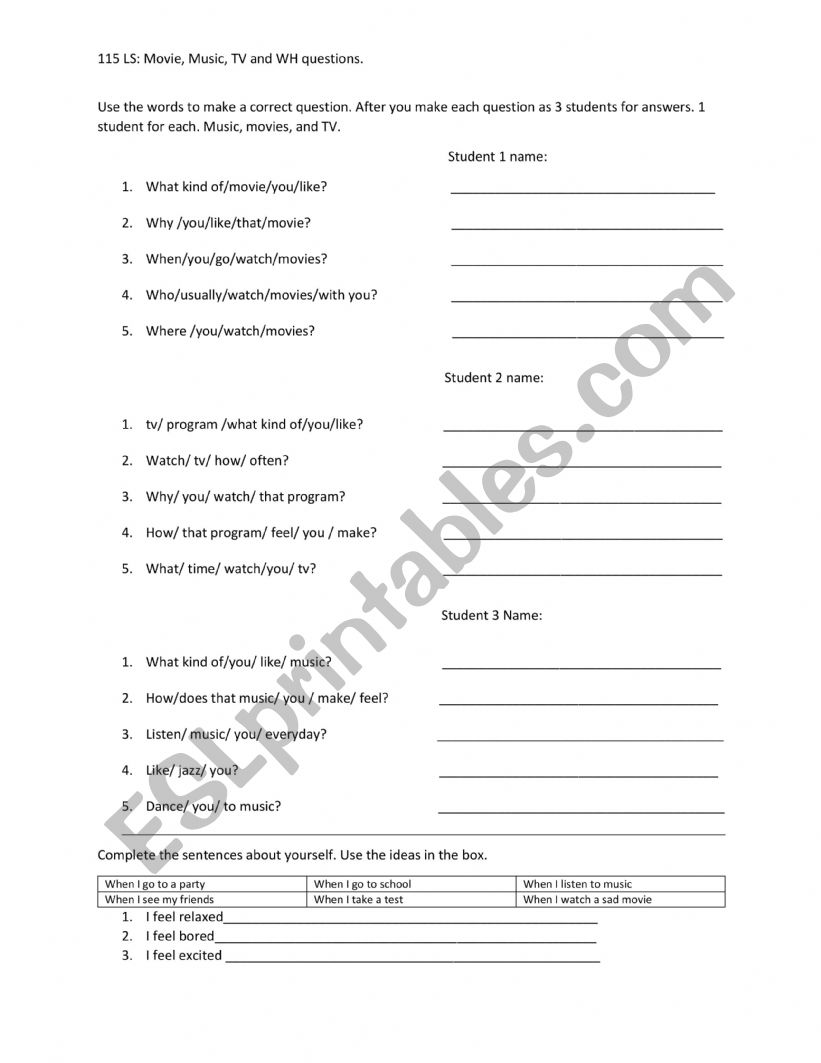 Feelings and music worksheet