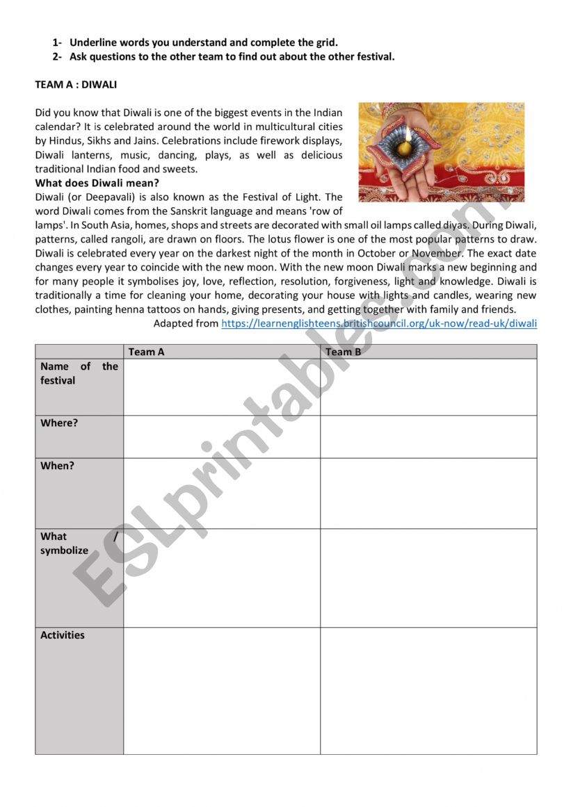 Holi and Diwali worksheet