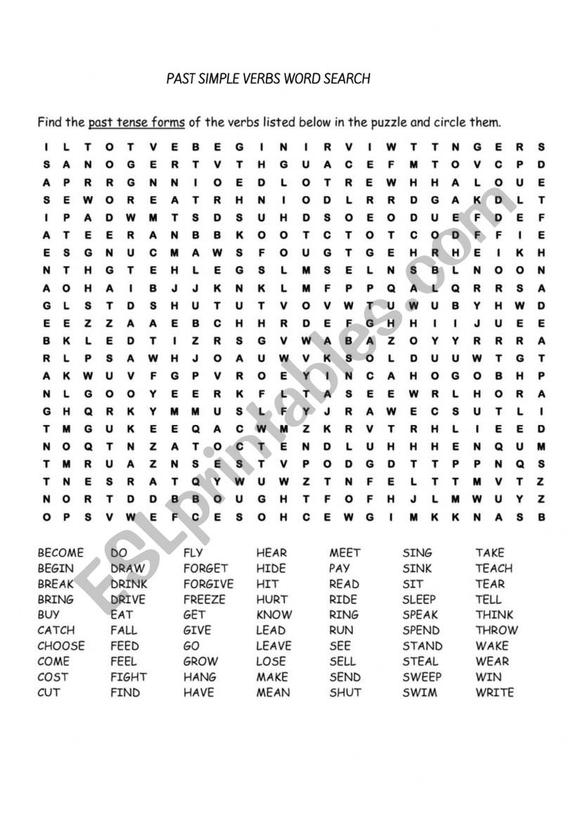 Past Simple Verbs Wordsearch worksheet