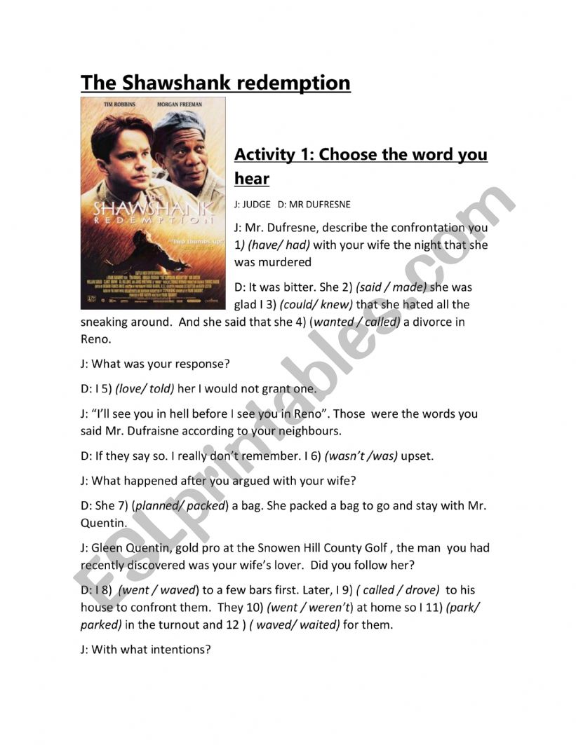 The Shawshank redemption  worksheet