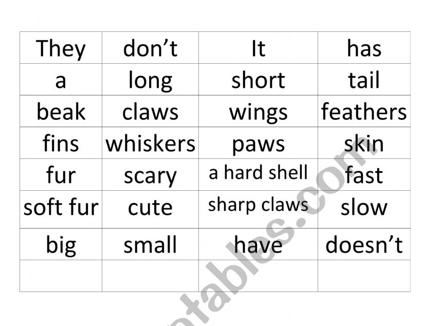 Animal body parts unscramble sentences. 