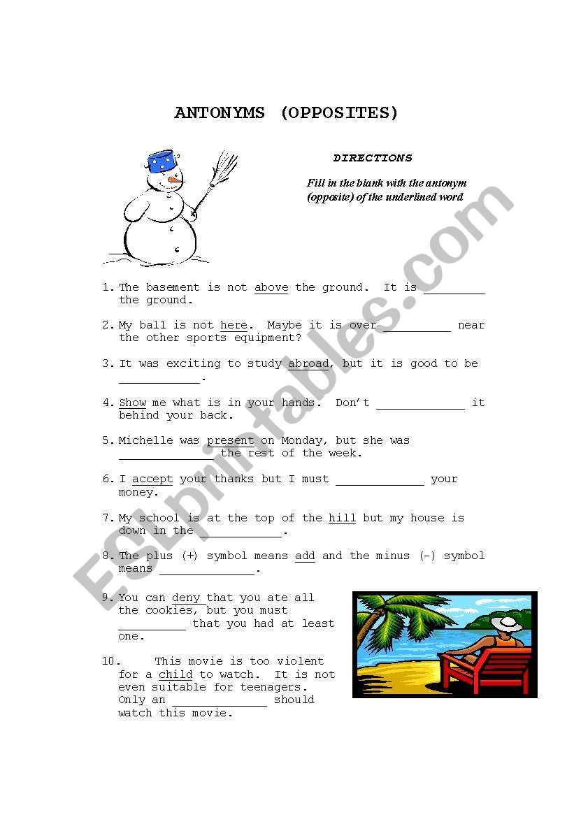 Antonym, fill in the blanks worksheet