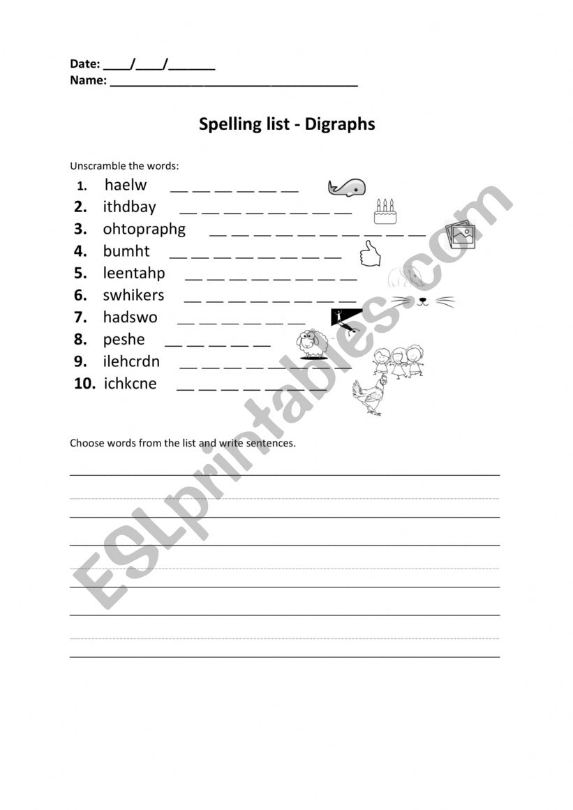Spelling List - Digraphs worksheet