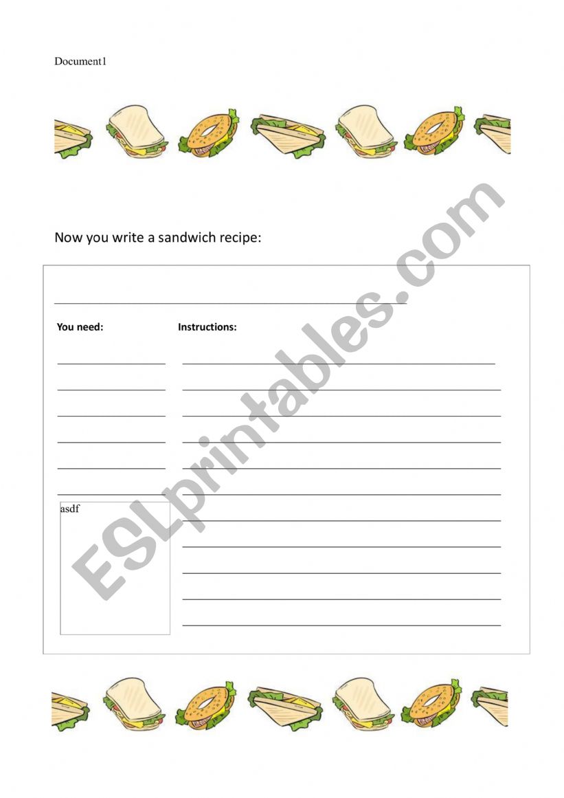 Write a sandwich recipe - ESL worksheet by guillegui