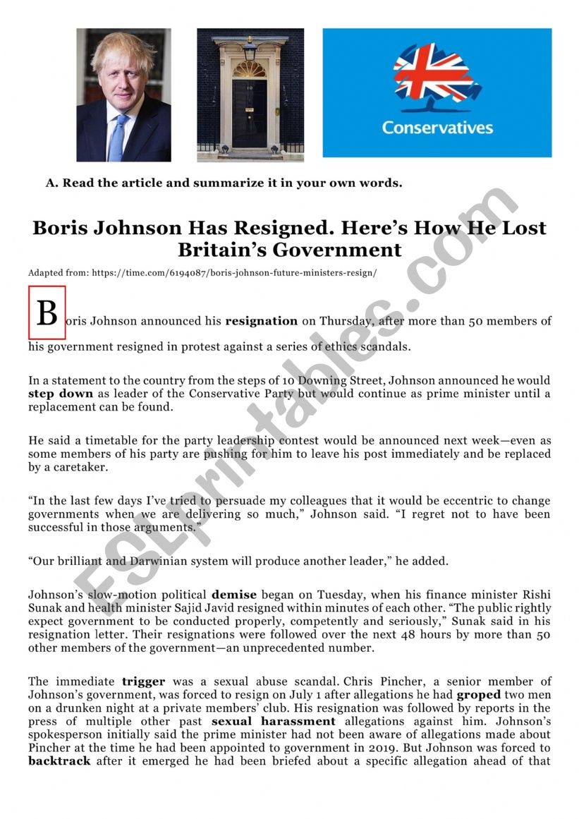 Boris Johnson has resigned worksheet