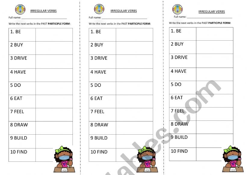 Irregular Verbs Chart worksheet