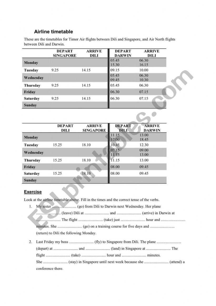 airline timetable worksheet