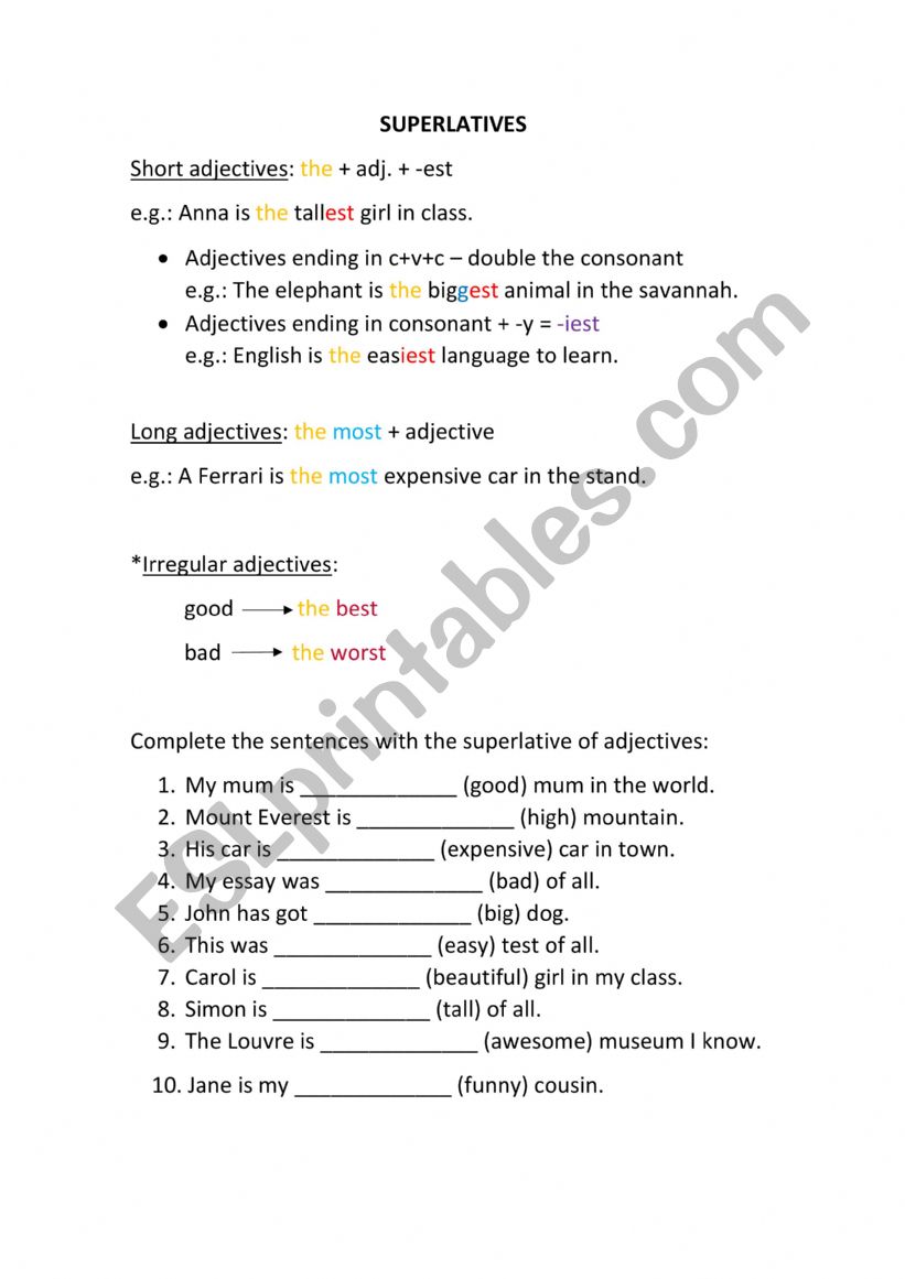 Superlaives with grammar rule worksheet