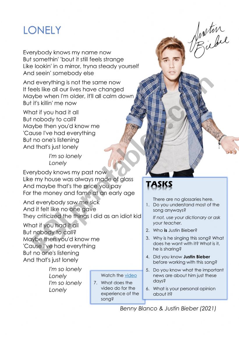 Justin Bieber - Lonely worksheet