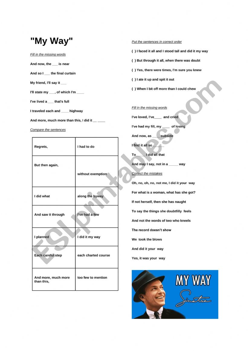 My Way Frank Sinatra worksheet