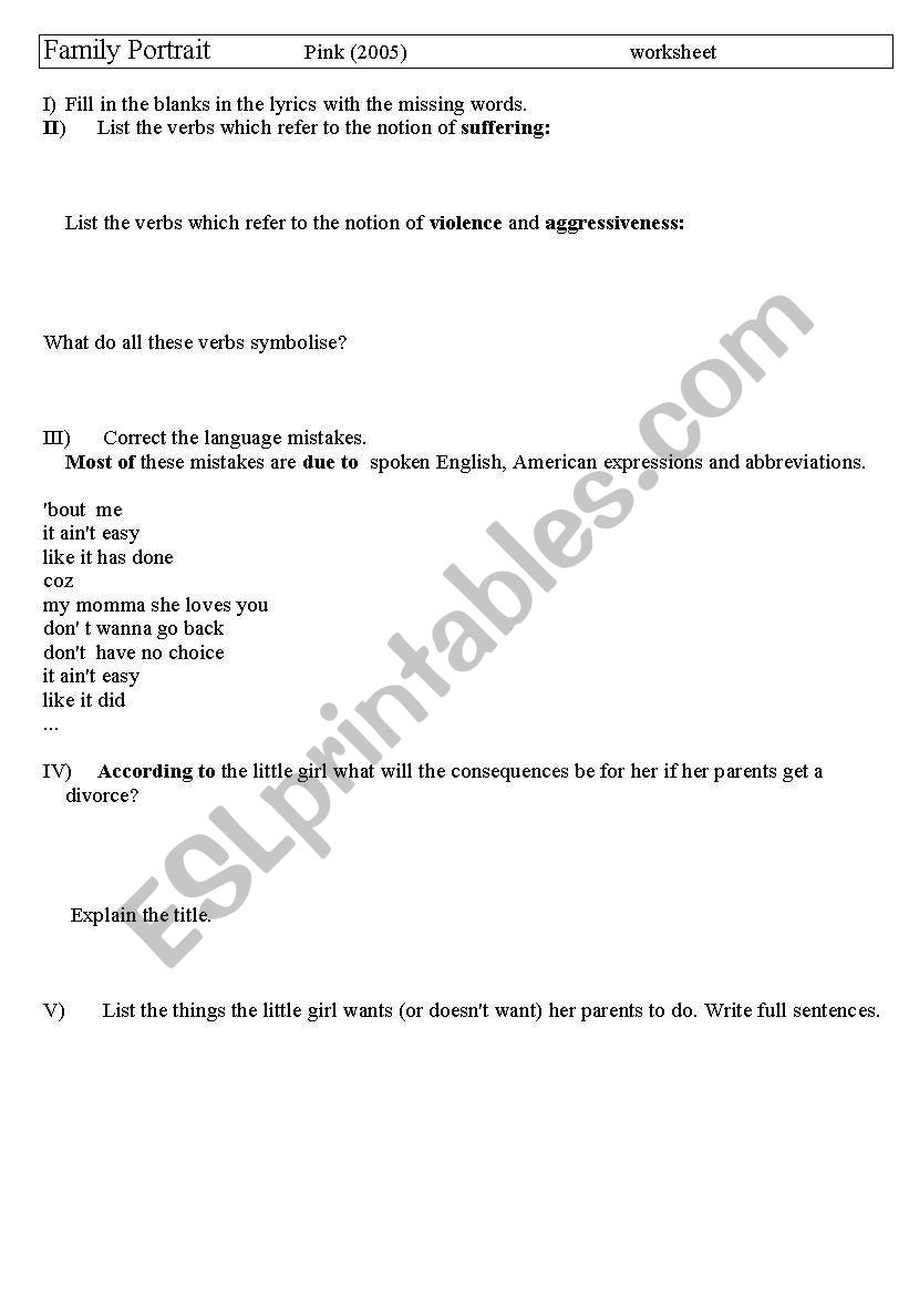 family portrait worksheet