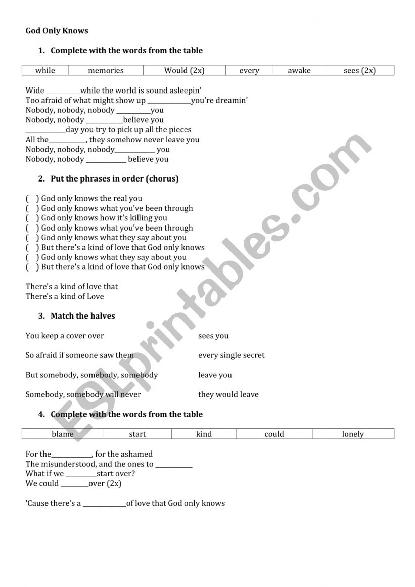 Gospel Song - God Only Knows worksheet