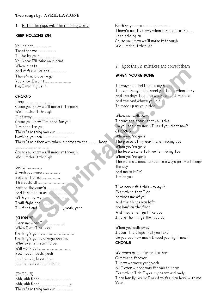 two songs by Avril Lavigne worksheet