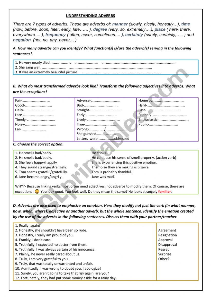 UNDERSTANDING ADVERBS worksheet