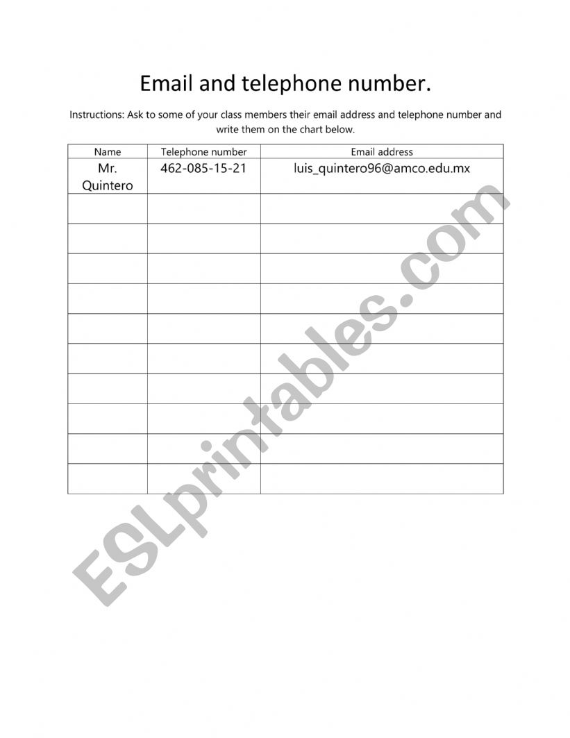 Email and telephone number  worksheet