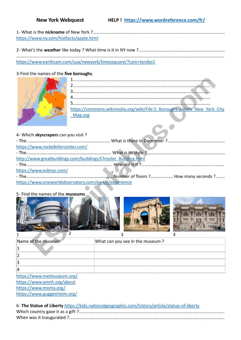 New York City Webquest worksheet