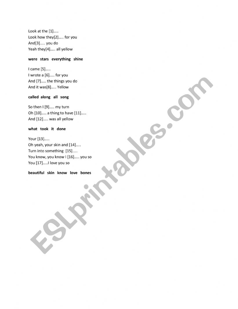 English worksheets: Yellow lyric
