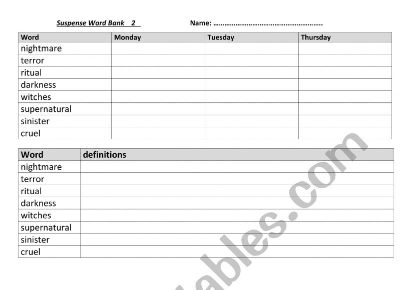 Horror Narrative Vocabulary Word Bank 2