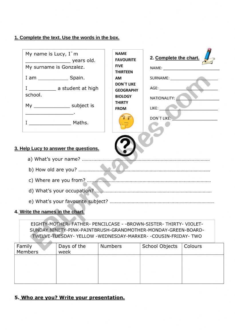 Personal information worksheet