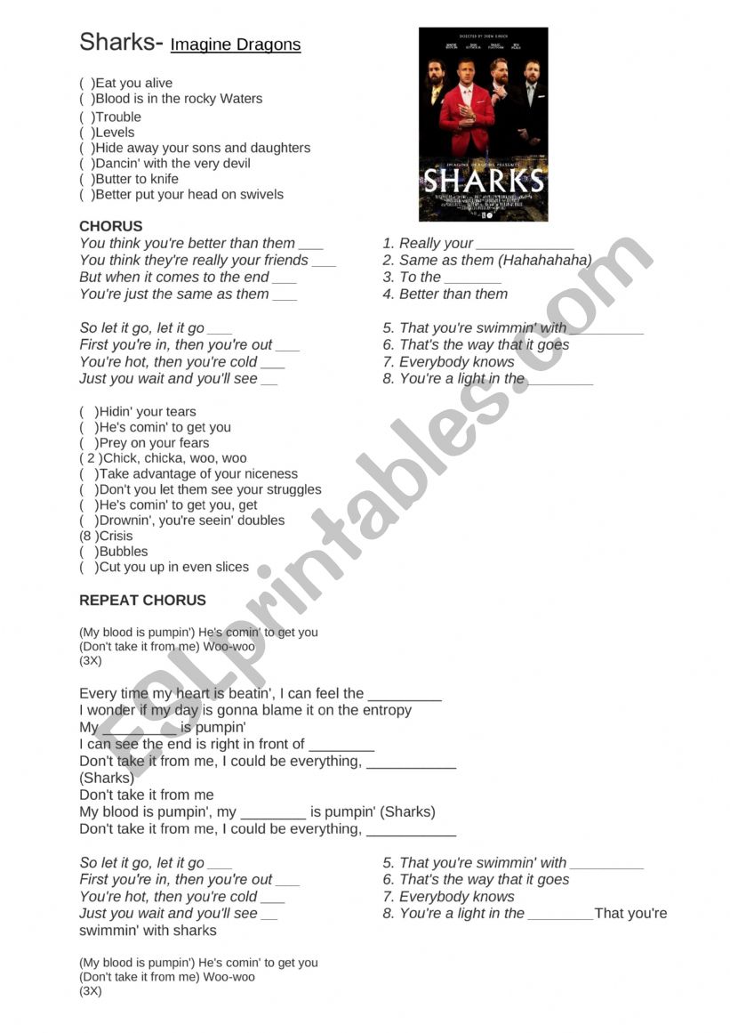 IMAGINE DRAGON- SHARKS worksheet