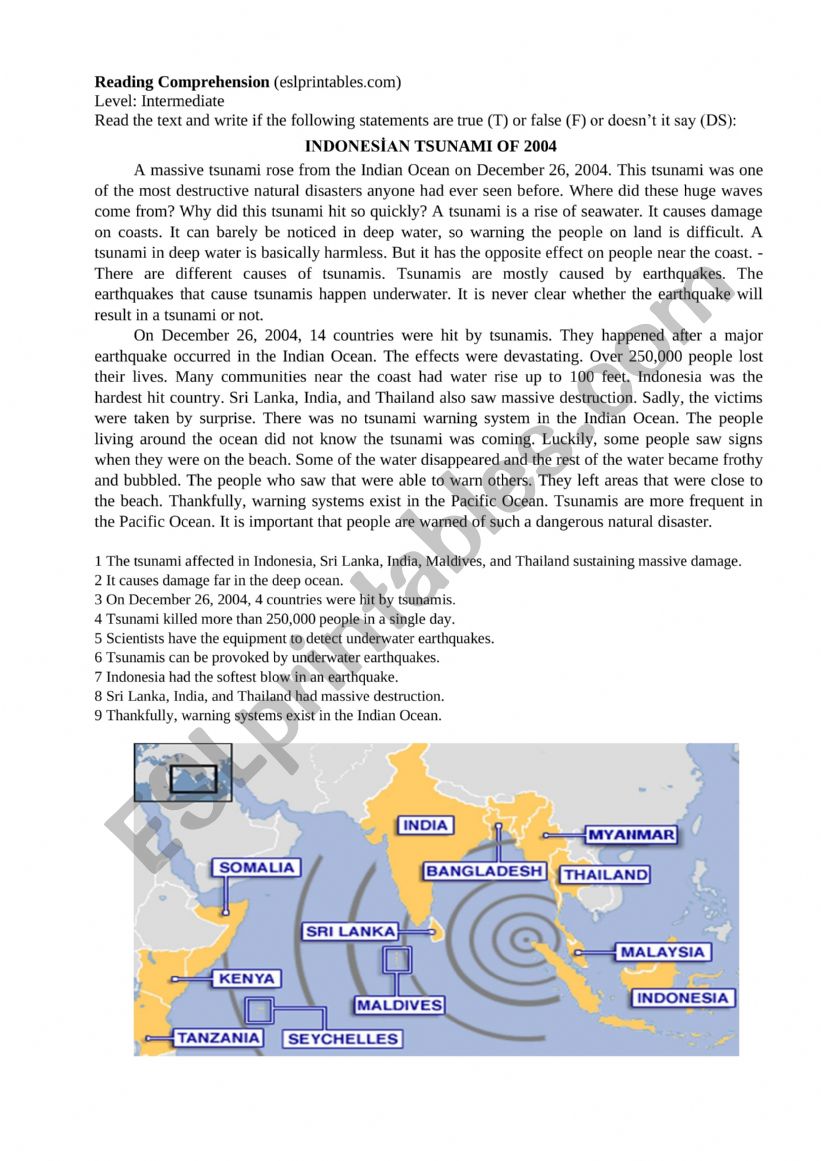 Indonesian Tsunami of 2004 worksheet