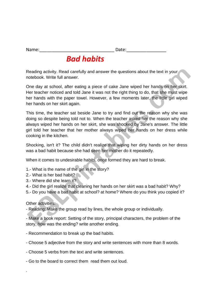 Bad habits worksheet