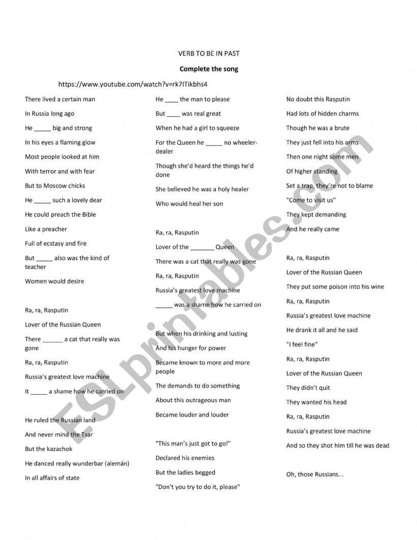 Verb to be in past (song) worksheet