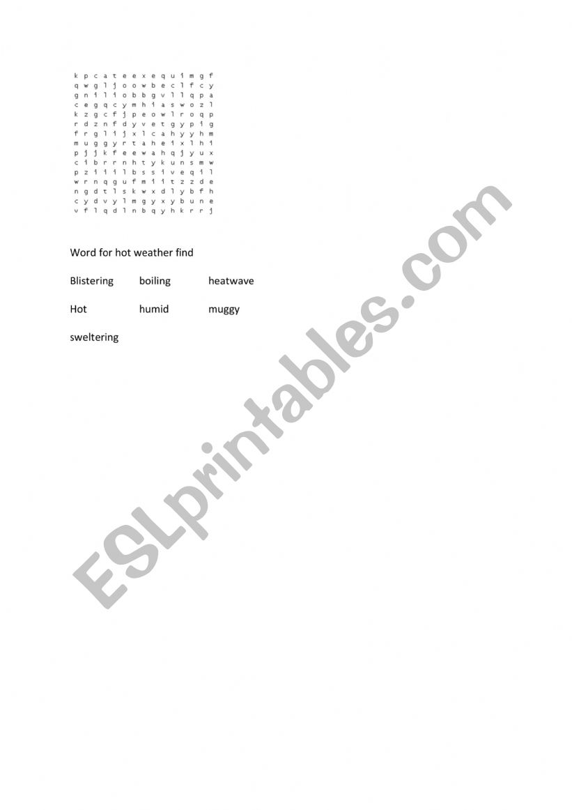 Hot weather word search worksheet