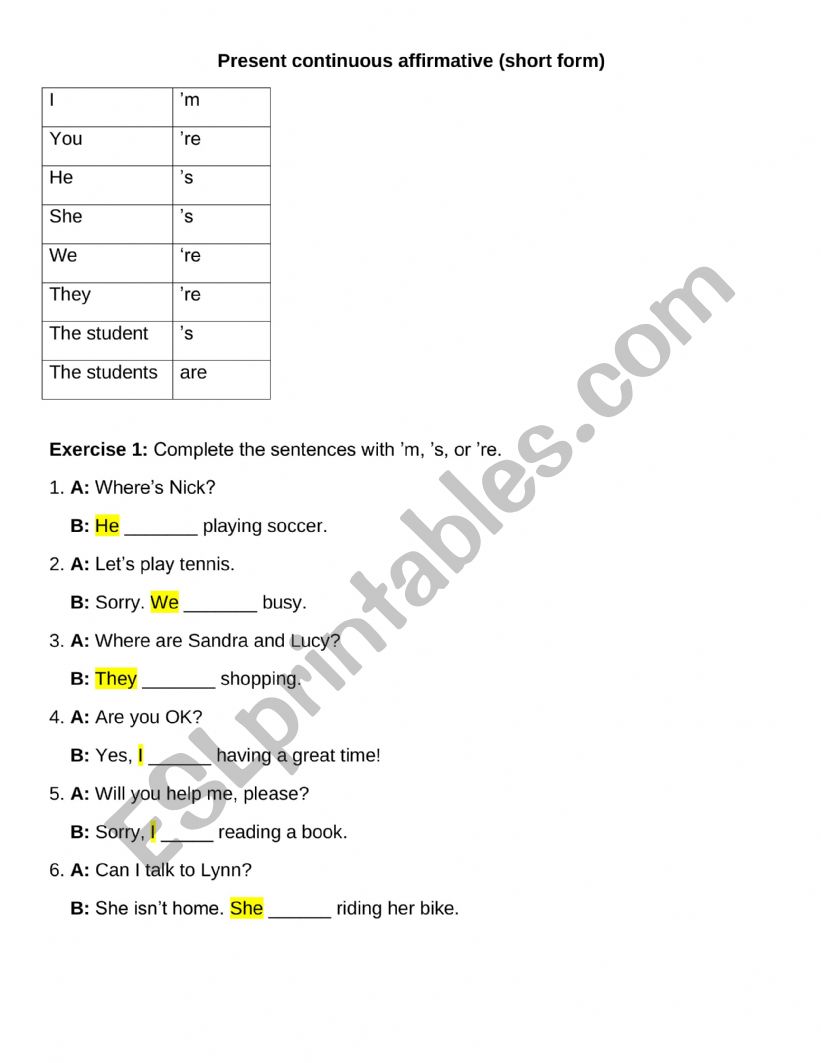 Present continuous (short form)