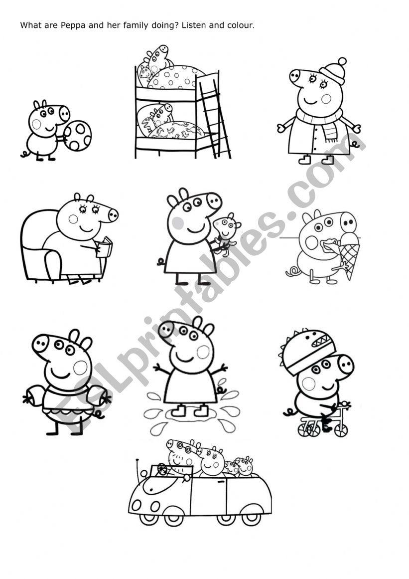 Peppa Pig colouring handout: Present Continous activities