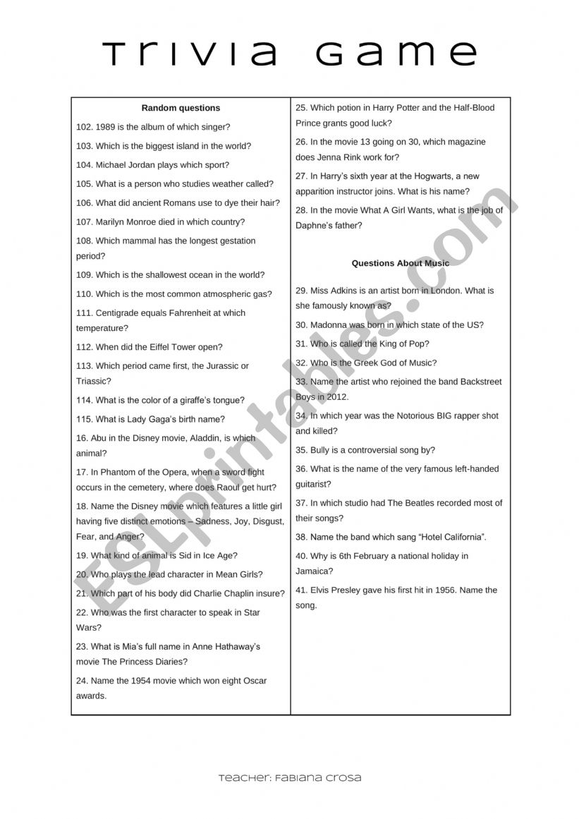 Trivia Game worksheet