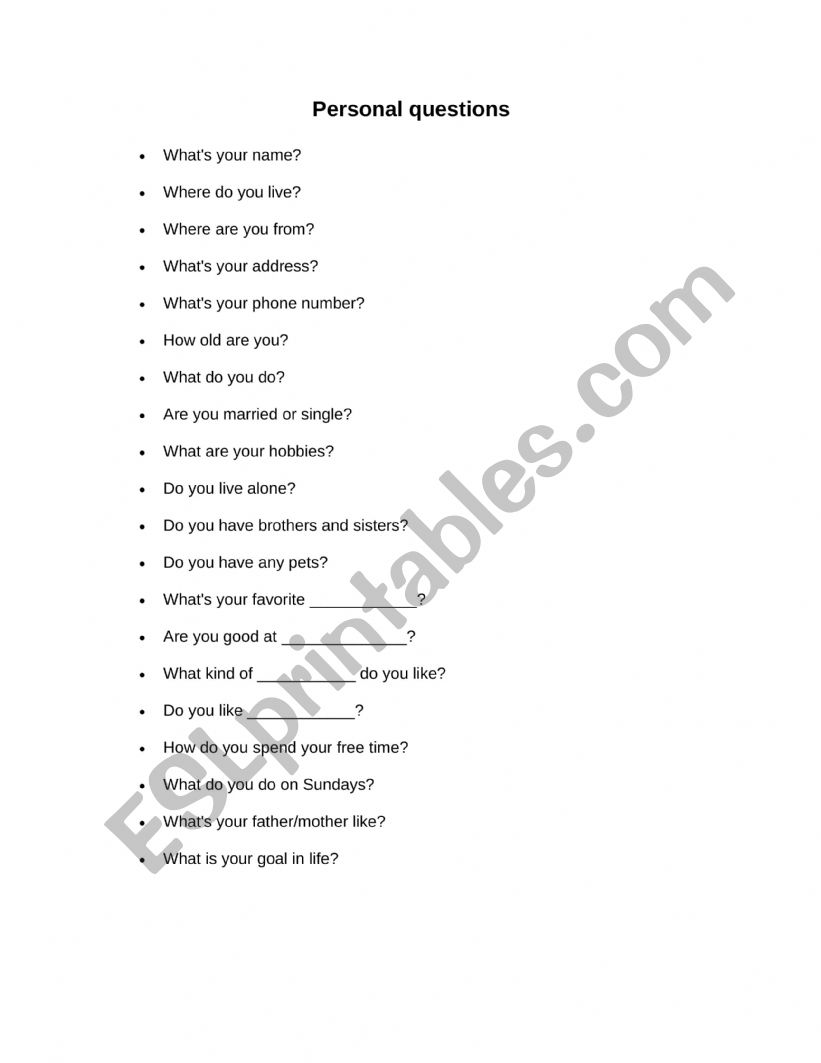 Personal informaion questions worksheet