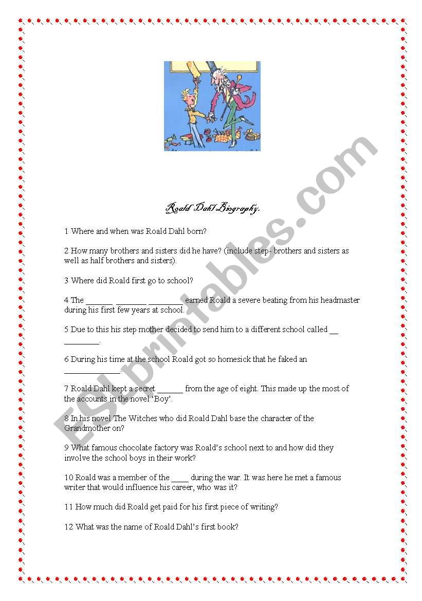 Roald Dahl Biography quiz worksheet