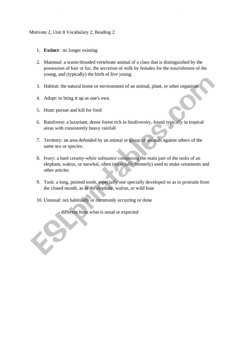 Vocabulary worksheet