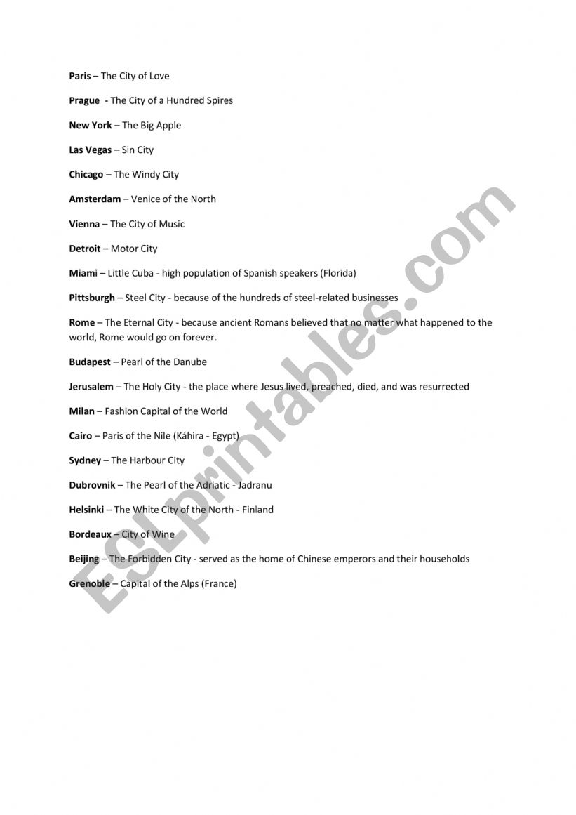 NICKNAMES OF FAMOUS CITIES worksheet