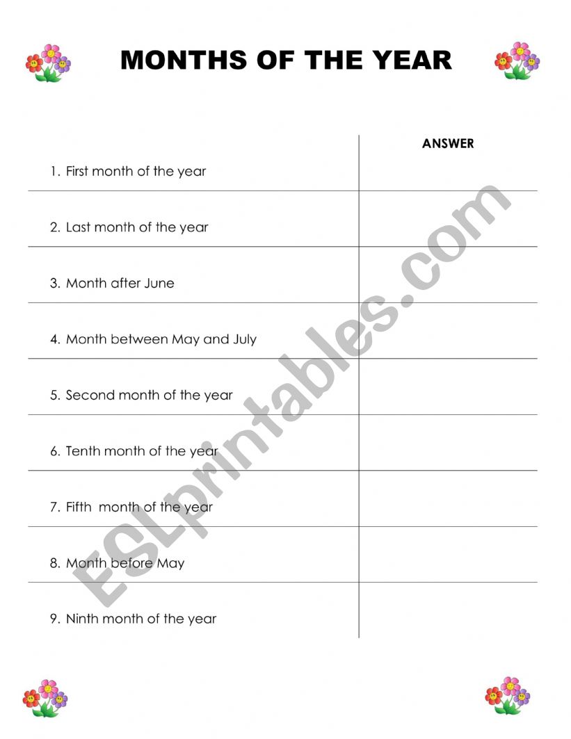 Months of the year  worksheet
