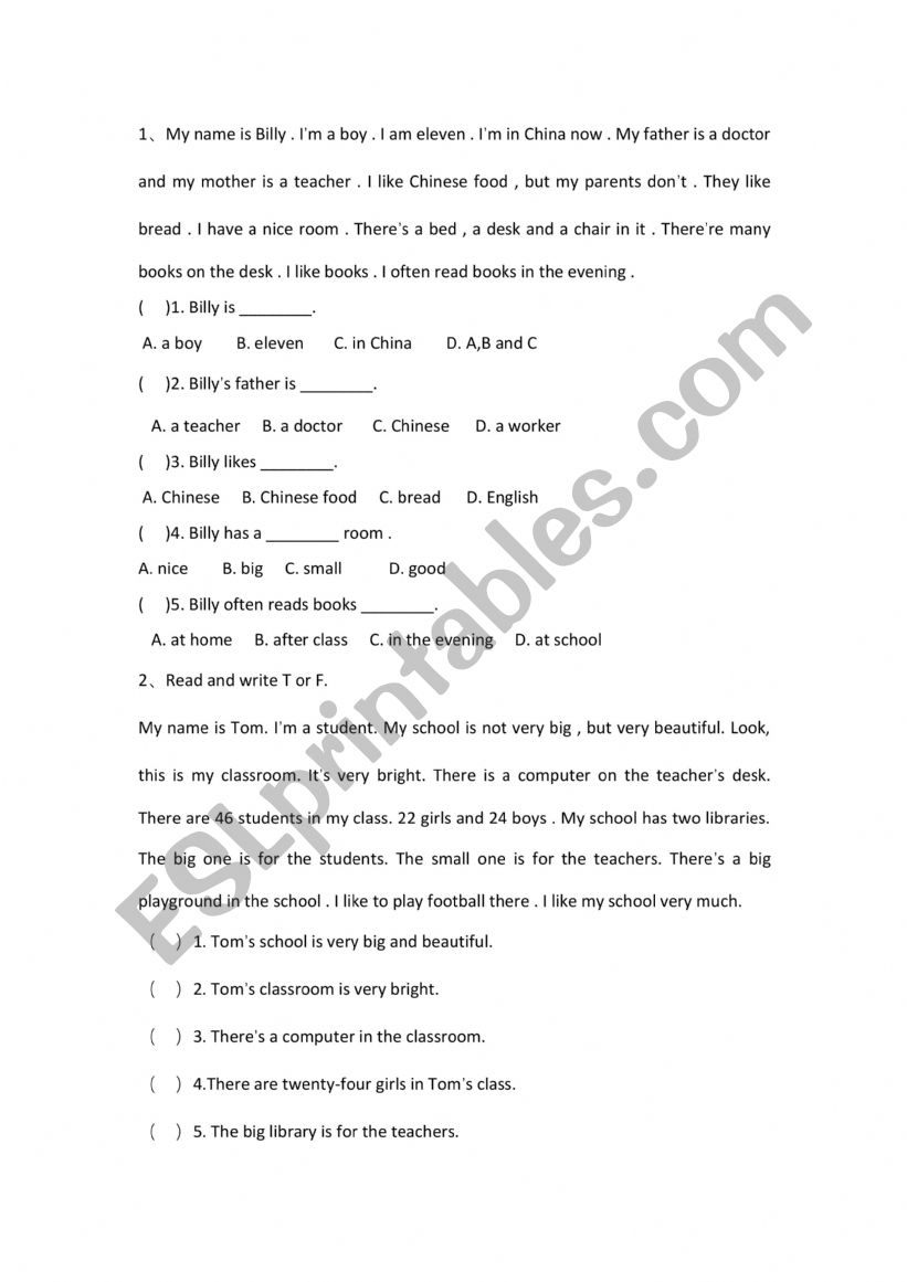 Ten text for reading worksheet
